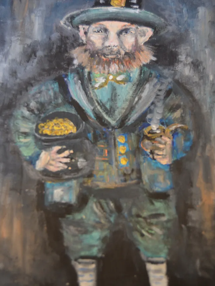 Leprechaun with a pot of gold original acrylic painting on canvas, good luck leprechaun,gift or home decoration, wall art,home decor.