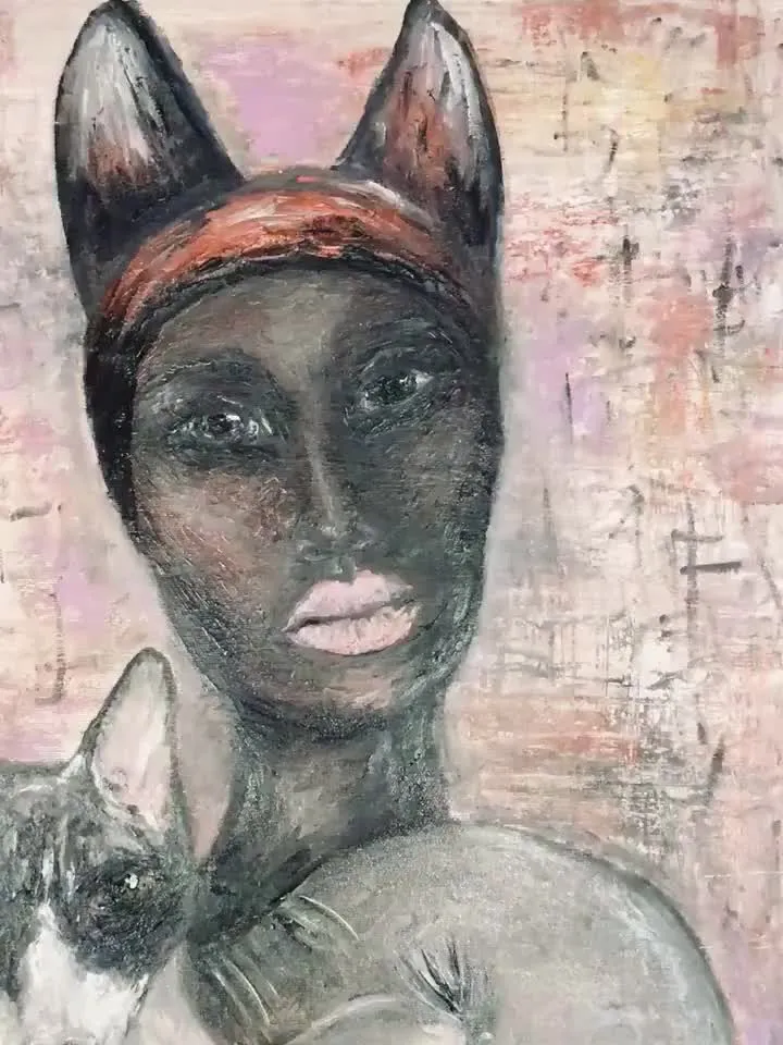 Black woman with a cat,fantasy woman portrait,cat portrait,3d canvas original oil painting,wall hanging,hand made unique home decoration.