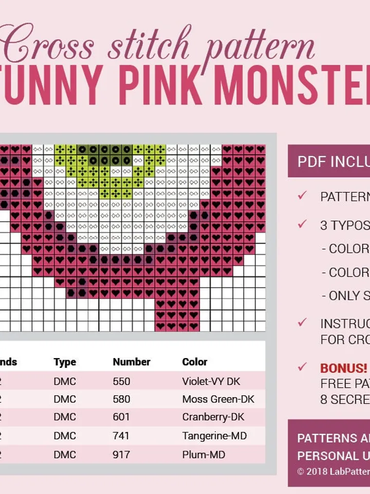 Cross stitch pattern Funny Pink Monster Cross stitch pattern Kids Monster PDF Format Instant Download Home decor Modern
