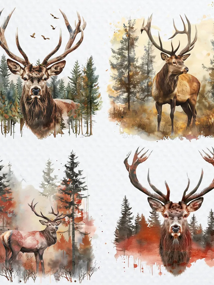 20 Red Deer in Forest PNG Clipart, Watercolor Deer PNG sublimation, Digital download, High resolution, Paper crafts, junk journal