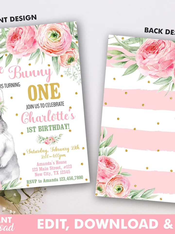 Some Bunny is One Birthday Invitation Girl 1st Birthday Invitation, Bunny Birthday Invitation Instant Download, Editable Template