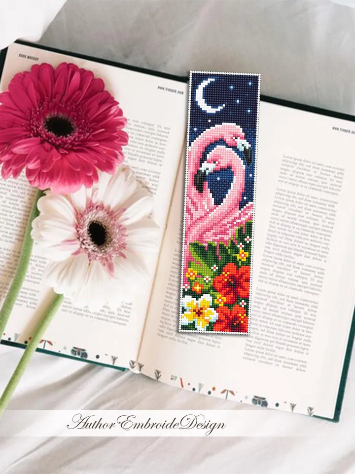 Flamingo bookmark cross stitch pattern PDF instant download Pink flamingo couple cross stitch chart, Bird bookmark pattern digital PDF #B442