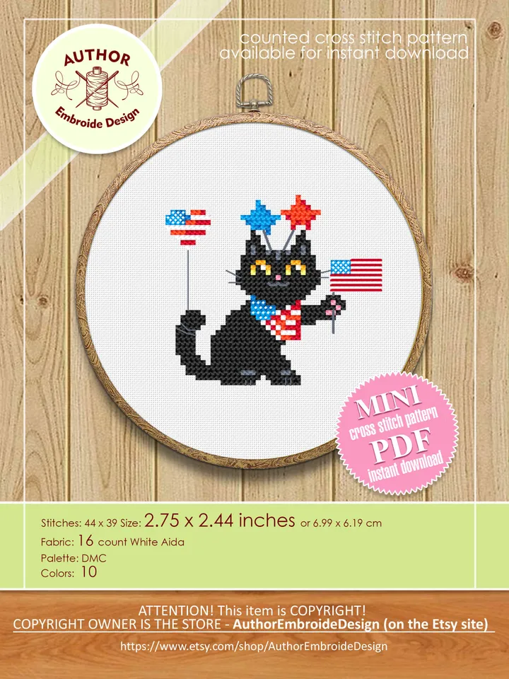 Set patriotic cats cross stitch pattern PDF download Cute black cat embroidery PDF, Independence Day, Funny 4th of july decor, USA flag #T17
