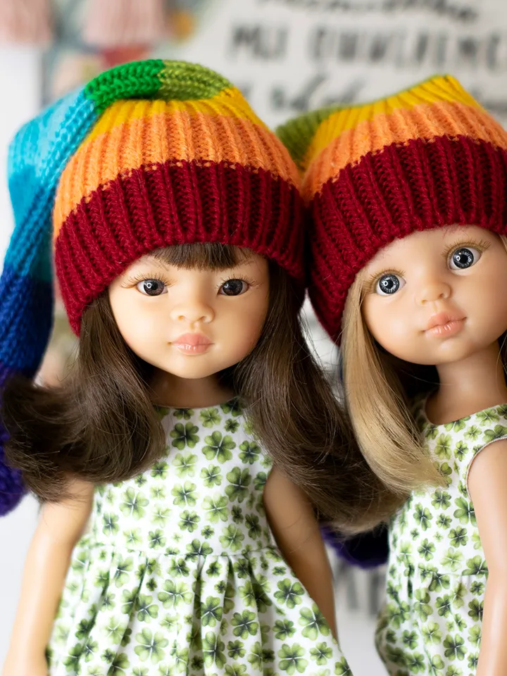Striped rainbow elf hat for Paola Reina doll, Meadowdolls Dumplings, Little Darling, Siblies RRFF for St Patrick's Day
