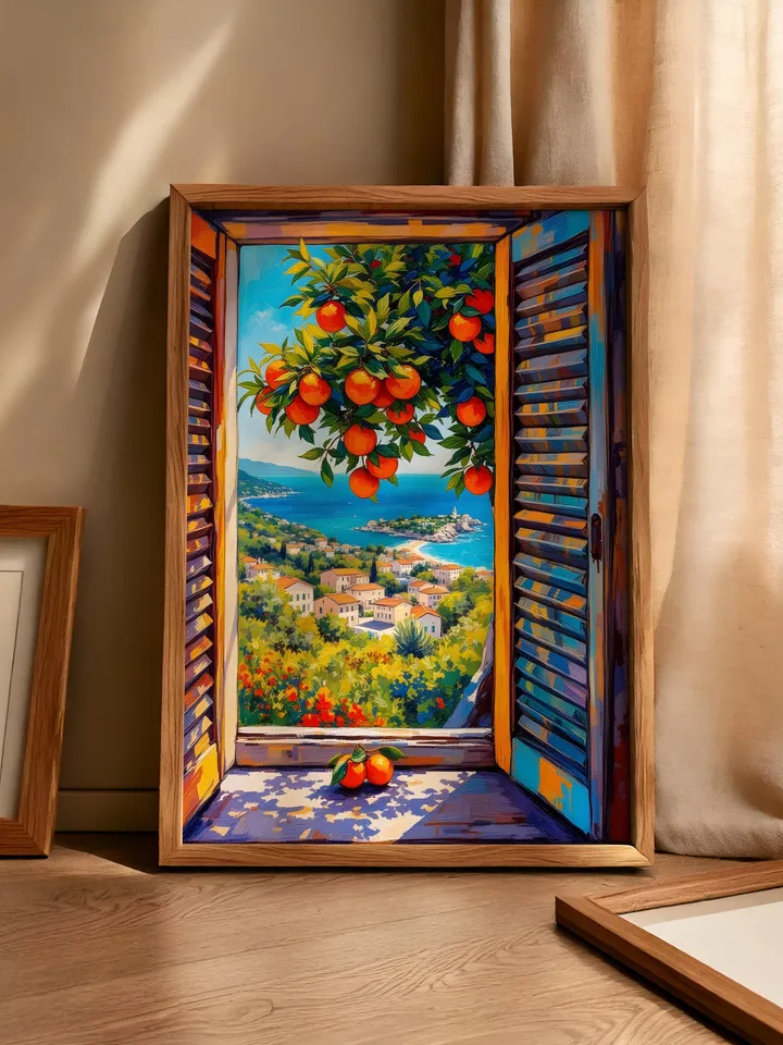 Henri Matisse Inspired Open Window Print Coastal Fauvist Painting Orange Tree View Modern Mediterranean Art Digital Poster Exhibition HMS1