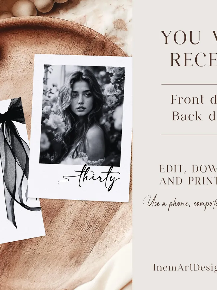 Coquette Black Bow 30th Invitation, Editable Thirtieth Birthday Party Invite, DIY Digital Black Ribbon, Cheers to Thirty Invite