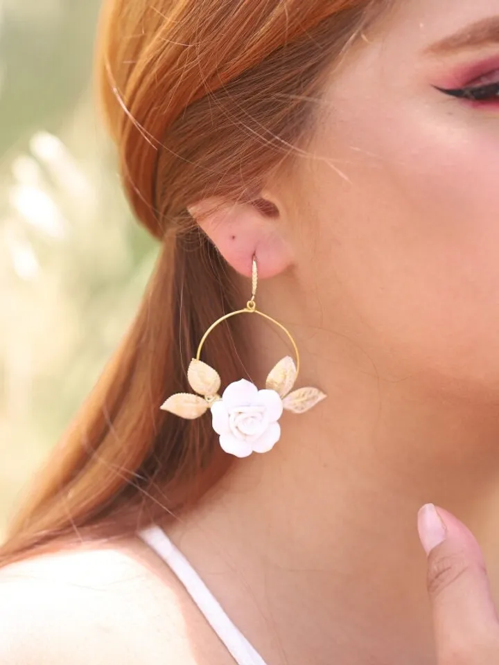 Gold Porcelain Flower Hoop Boho Wedding Earrings, Statement Crystal Leaves Boho Bridal Earrings, Floral Bridal Jewelry, Leaf Wedding Jewelry