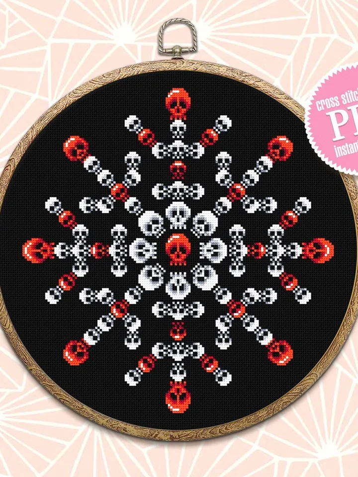Skull snowflake cross stitch pattern download PDF Gothic Christmas cross stitch, Halloween embroidery, Cross stitch mandala Skull decor #N67
