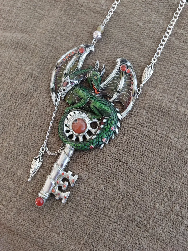 Dragon and Key Necklace, Fantasy Dragon Pendant, Green Dragon Necklace, Magic Drago