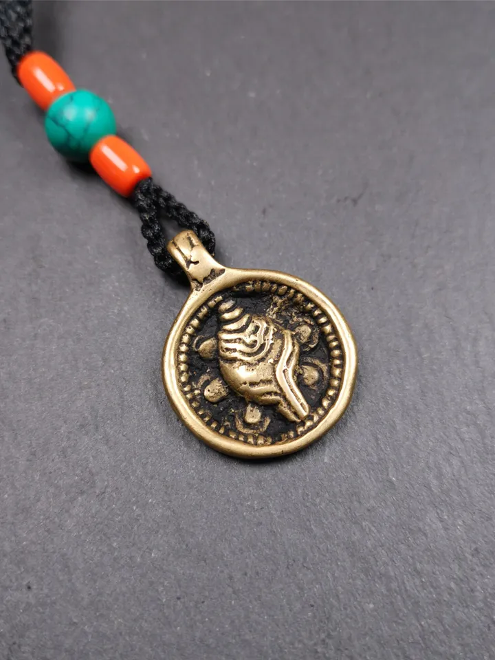 Gandhanra Handmade Tibetan Buddhist Amulet,Shankha(Divine Conch) Amulet Pendant,Made of Brass,0.98"