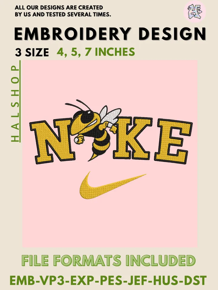 NCAA Georgia Tech Yellow Jackets Nike Logo Embroidery Design | Machine Embroidery File | 3 Sizes, 6 Formats | NCAA College Team Design