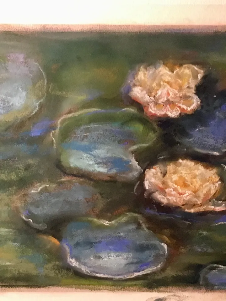 Water Lillies Monet inspired original soft pastel painting on sanded paper,one of a kind painting,wall hanging,unique gift home decoration.