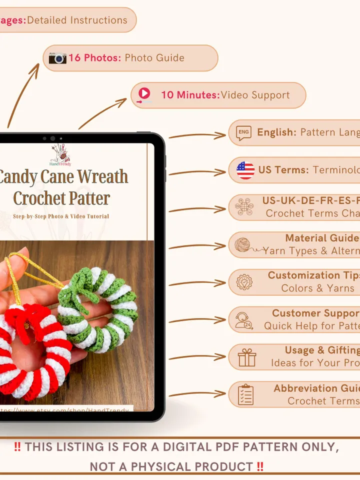 Candy Cane Wreath Crochet Pattern, Christmas Ornament PDF, DIY Holiday Wreath Tutorial, Beginner Friendly Crochet, Handmade Décor Idea