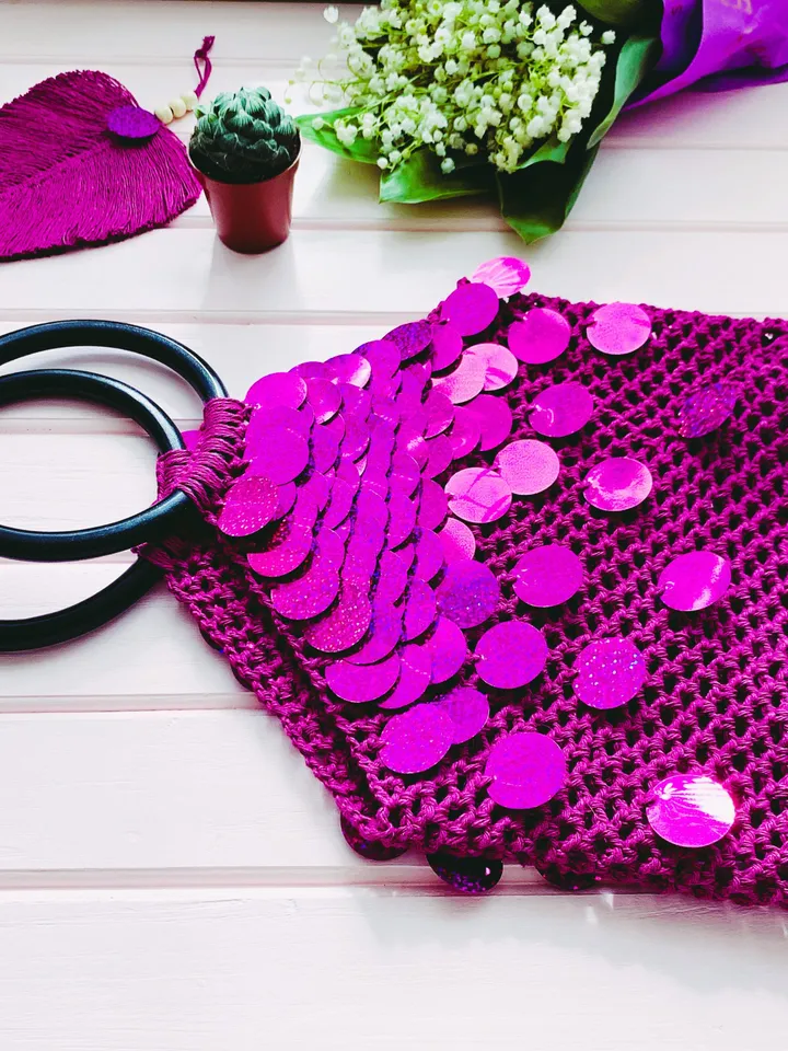 Purple farmer cotton bag with sequins, eco friendly bag, avoska net bag, market vegan bag, tote beach, macrame yoga tote, pound