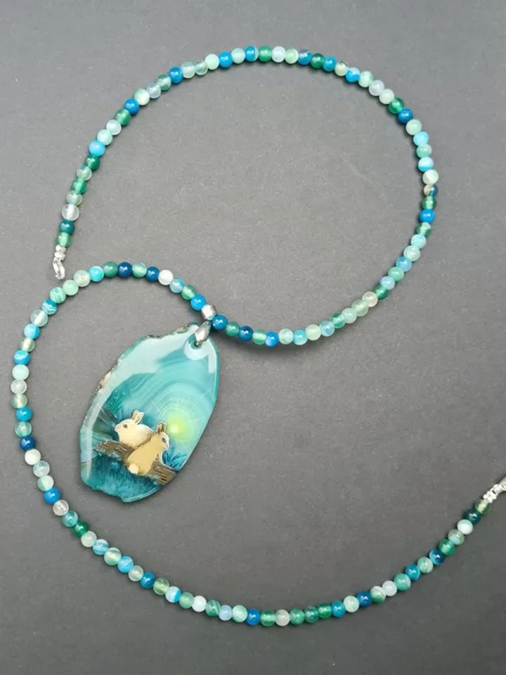 Necklace with two baby rabbit or hare Oil painting on green Agate pendant stone