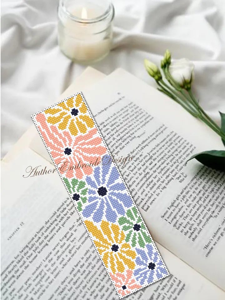 Abstract flowers bookmark cross stitch pattern PDF download Boho flowers cross stitch chart, Modern bookmark pattern digital PDF #B302