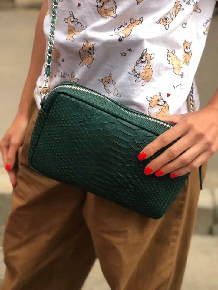Genuine Python Skin Bag Dark Green Color | Exotic Leather Babs | Snake Skin Bag | Women Classy Elegant  Chain Crossbody Shoulder Purse Green