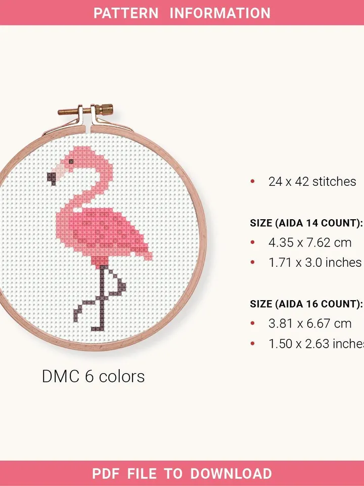 Mini Pink Flamingo Cross stitch pattern, contemporary, Bird, animals, beginner counted, modern chart, DIY, embroidery, instant, Digital PDF