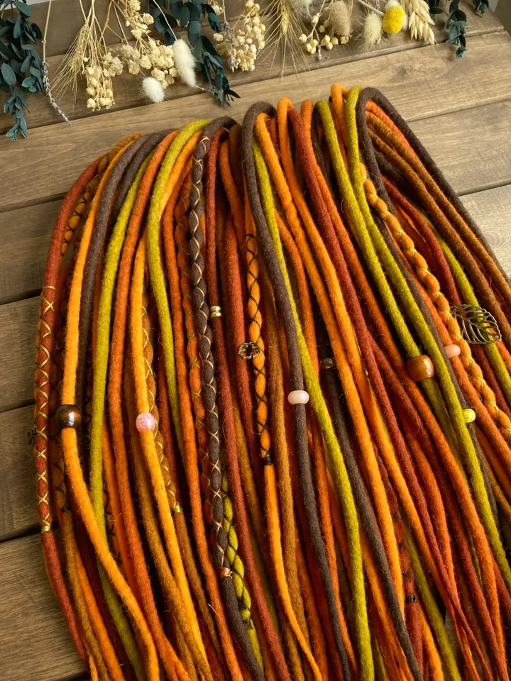 Wool Brown orange mustard green pumpkin, rust red copper Double Ended dreadlocks, Ready to ship