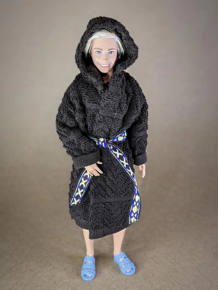 Brown terry bathrobe with a hood for 12 inch fashion male doll