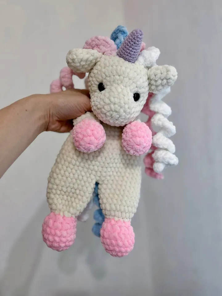 Crochet unicorn snuggler Handmade plushie toy for kids Unicorn cuddle stuffed toy