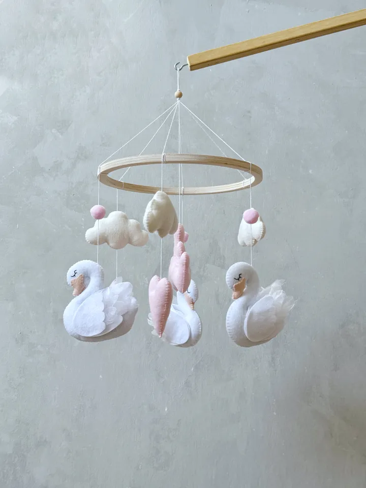 Swan mobile girl pink and white Princess crib mobile crown and hearts