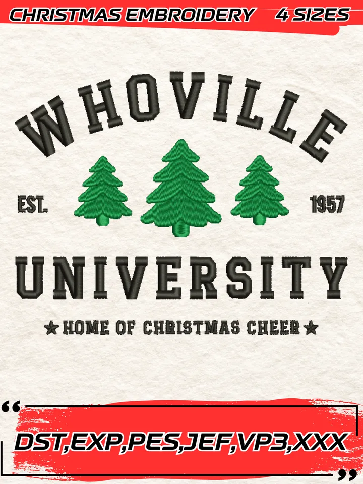 Whoville University Est. 1957 Embroidery Design,Christmas Embroidery Design,4 Sizes, Digital Download #2