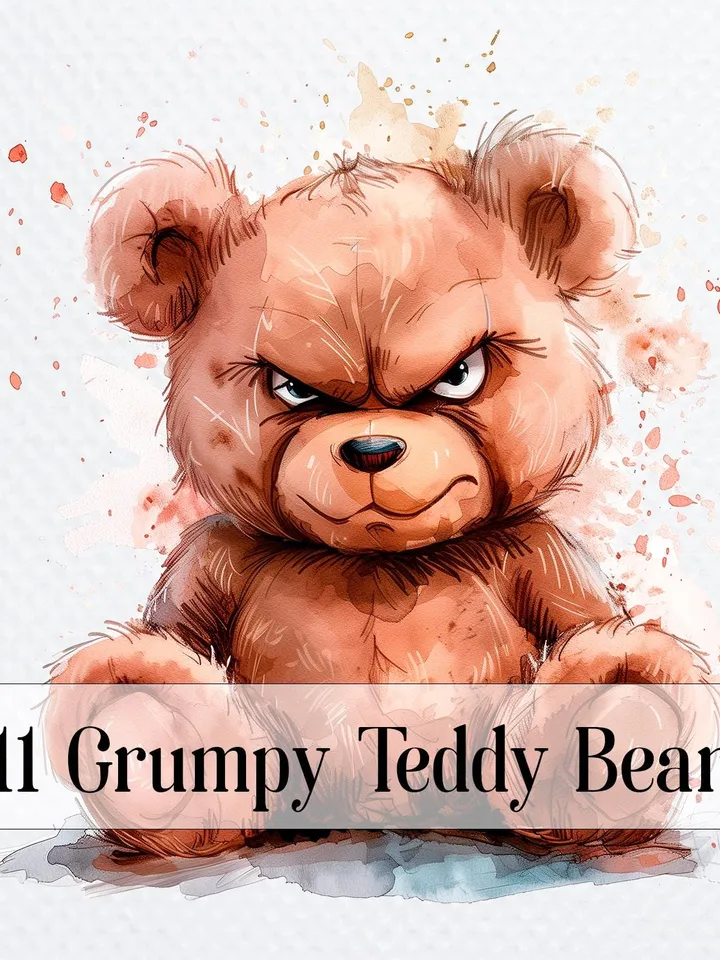 11 Grumpy Teddy Bear PNG Bundle, Teddy Bear Print, Printable Watercolor Sublimation, Digital download, Paper craft, junk journal