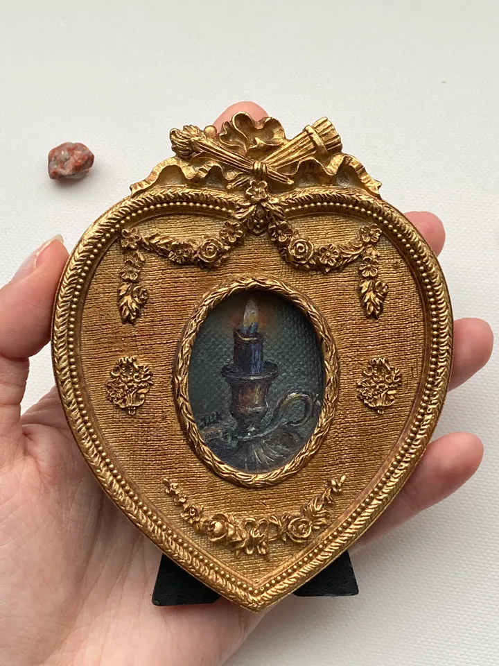 Candle Oil Painting Original In Vintage Style Frame Small Framed Still Life Art