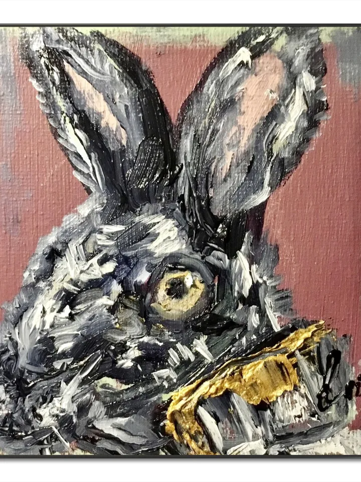 Set of 2 black rabbits painting,bunnies diptych painting original oil painting on small canvases,miniature love uniqie gift paintin