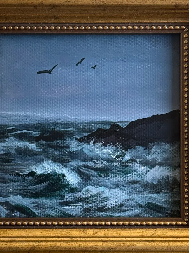 Small Landscape Painting Framed Original Foggy Cliff Painting Antique Misty Art Coastal Gold Frame Tiny Paintings 4 x 4 Art Victorian artwork