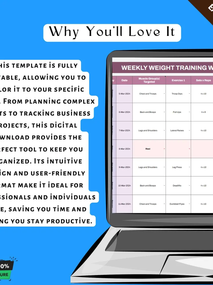 Weekly Weight Training Workout Schedule Template, Editable Google Sheets, Digital Download for Strength Training & Fitness Tracking