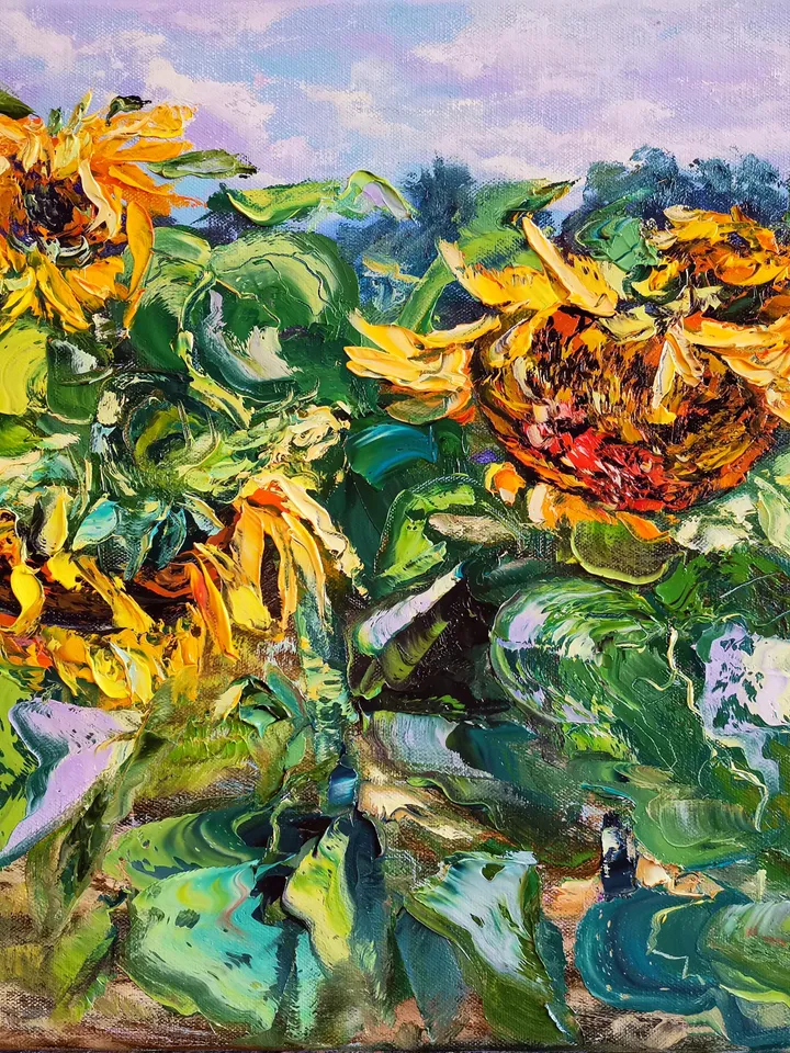 Oil Painting Field Sunflowers Landscape Impasto Original Artist Svinar Oksana
