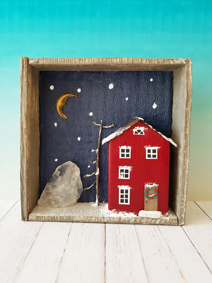 Miniature Christmas House Shadow Box 3D painting