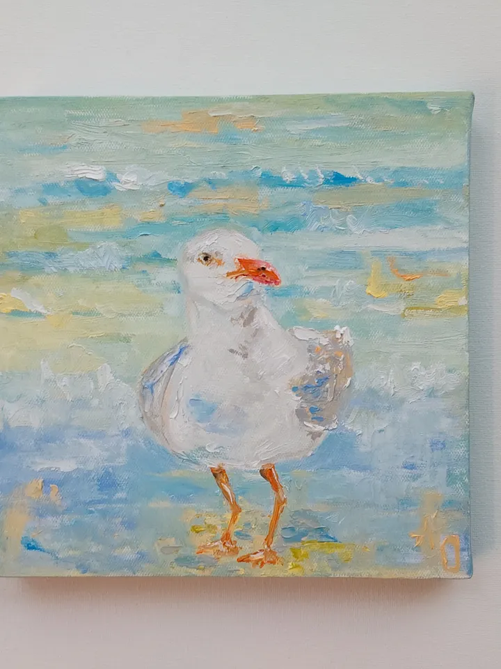 Oil painting on canvas 20x20cm (8x8 inches) "Seagull and sea"