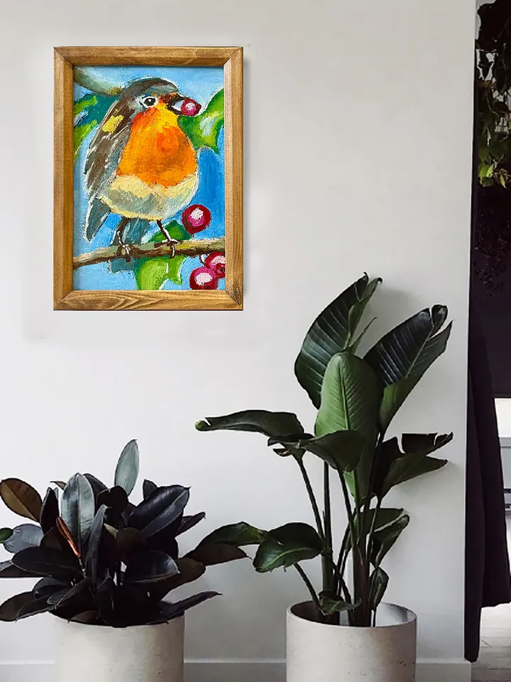 Robin bird painting, original oil painting, Framed animal art