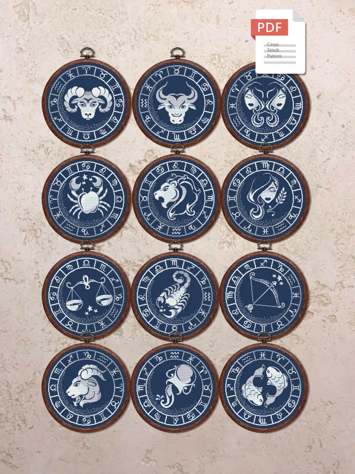 Set of 12 Zodiac Silver Cross Stitch Pattern, Aries Cross Stitch, Embroidery Zodiac, Signs of the Zodiac Pattern #zdc026
