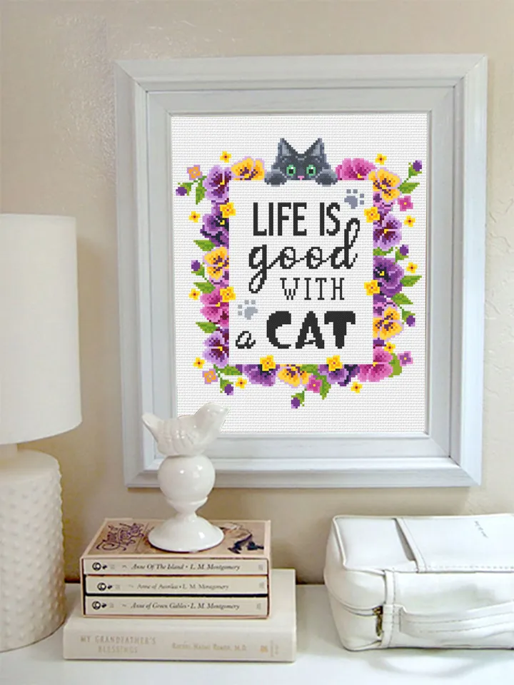 Flower cat cross stitch pattern PDF download Cat quotes cross stitch chart, Life Is Good With A Cat, Flower wreath pattern digital PDF #Q44
