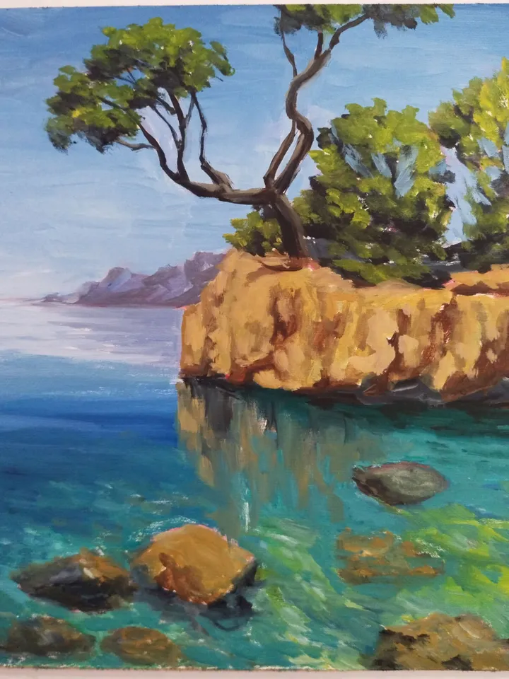 Seascape oil painting Landscape with rock seaside Twisted tree Turquoise water Croatia coast Fine art