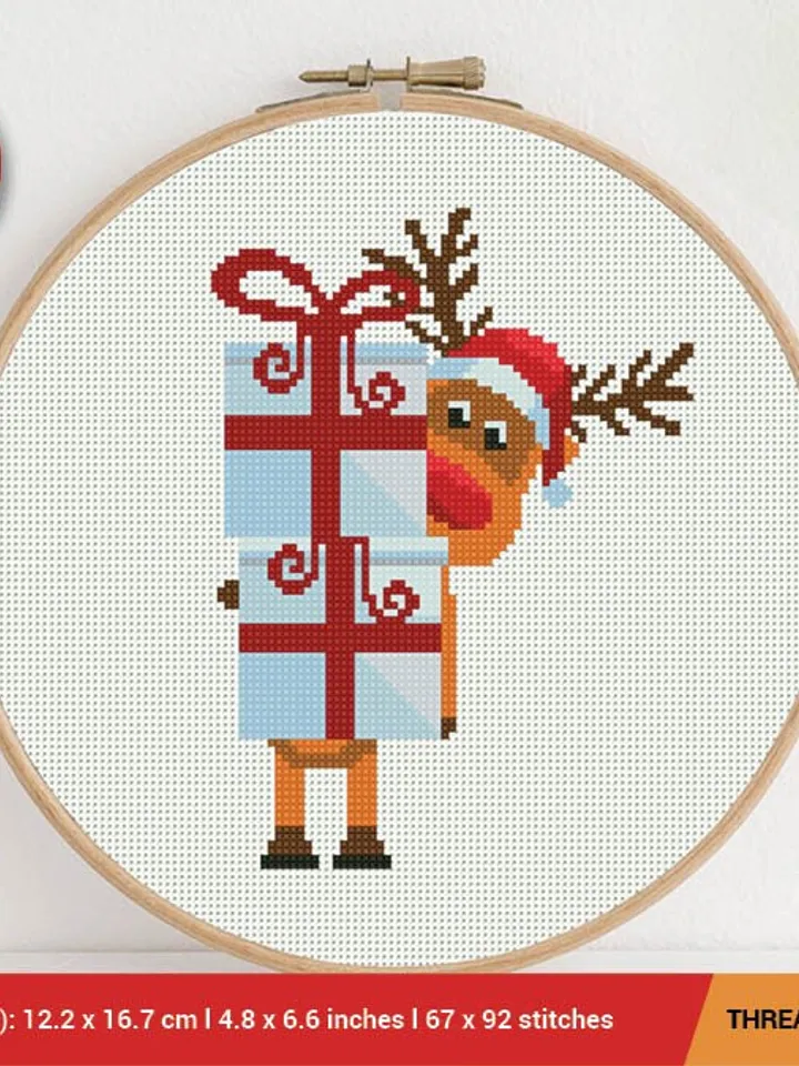 Christmas Deer Cross stitch pattern | Embroidery Pattern | Instant Download | Embroidery Designs | Happy Animal New Year Santa Present