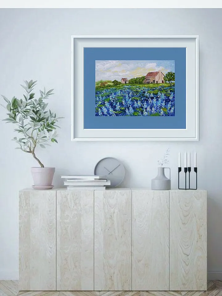 Bluebonnet Painting Farm Original Art Landscape Artwork Impasto Oil Painting