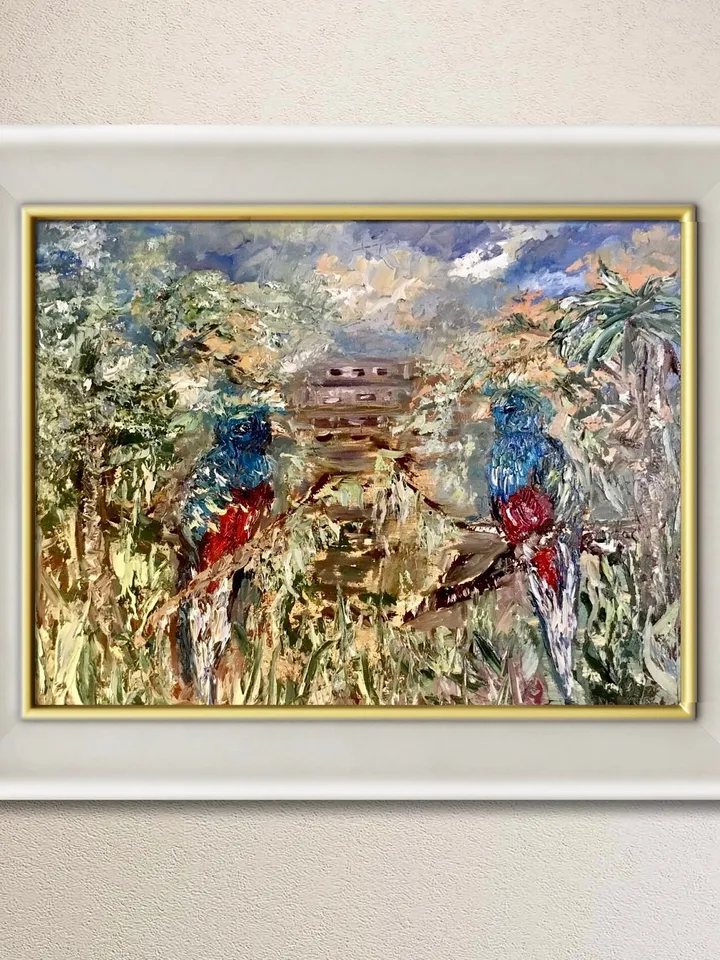 A couple of quetzal birds,mayan pyramid on the background, colourful impasto oil painting on stretched canvas ,wall art,couple love gift