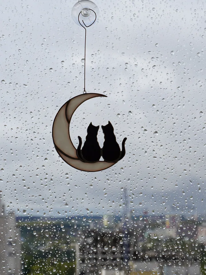 Two Black Cats On The Moon . Stained glass window hanging Suncatcher . Gift for animal lover , pet loss memorial 2