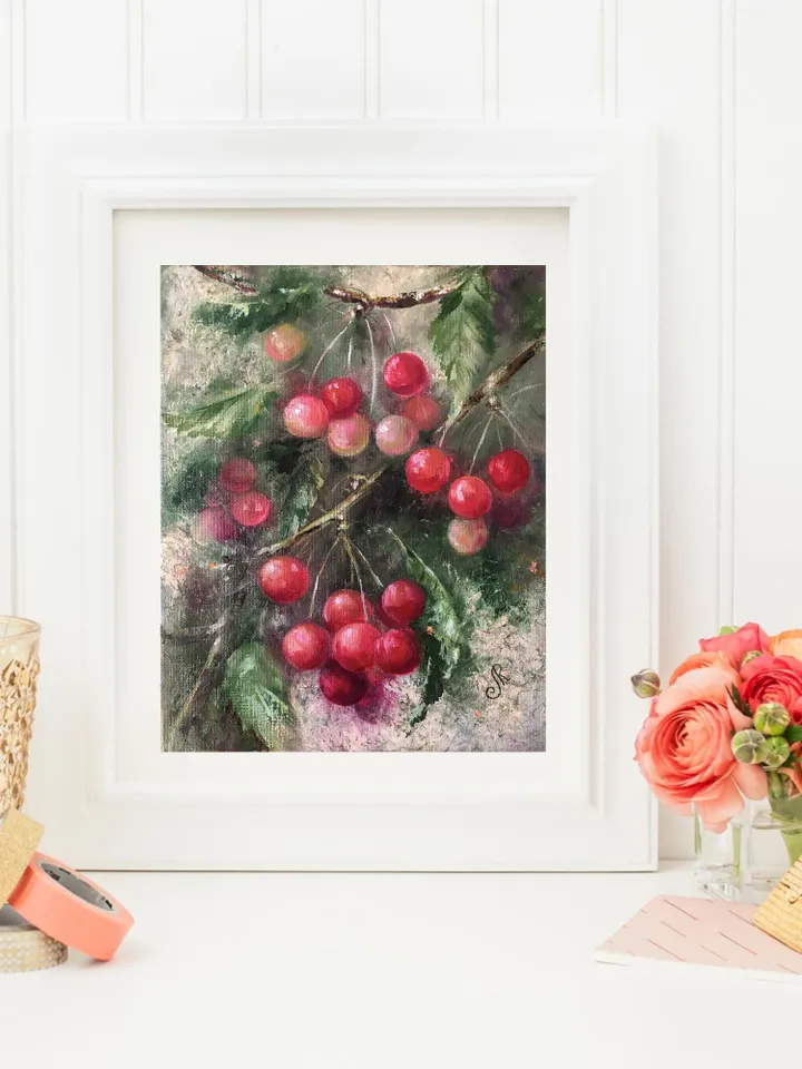 Cherry Painting Original Fruit Oil Painting Kitchen Still life Painting