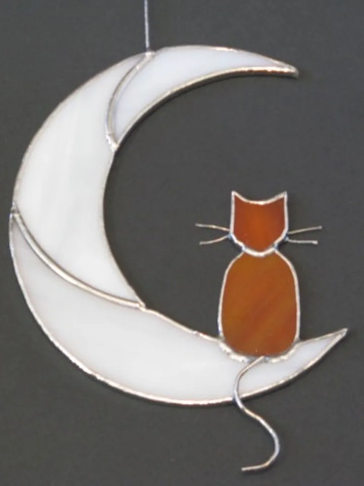 Ginger Cat On The Moon stained glass window hanging Suncatcher . Gift for animal lover , pet loss memorial , orange