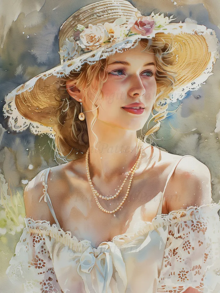 Digital painting. French woman. Romantic girl with a hat. Wall decoration in pastel colors. Parisienne. Digital illustration.Instant download.