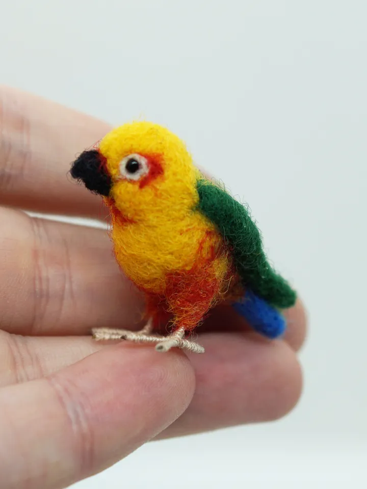Miniature needle felted Jenday Conure, miniature parakeet, tiny parrot, made to order