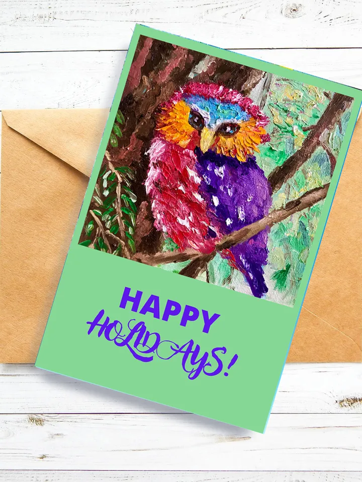 Owl greeting card, bird postcard, Digital download, Postable E-card, Happy Holiday greeting