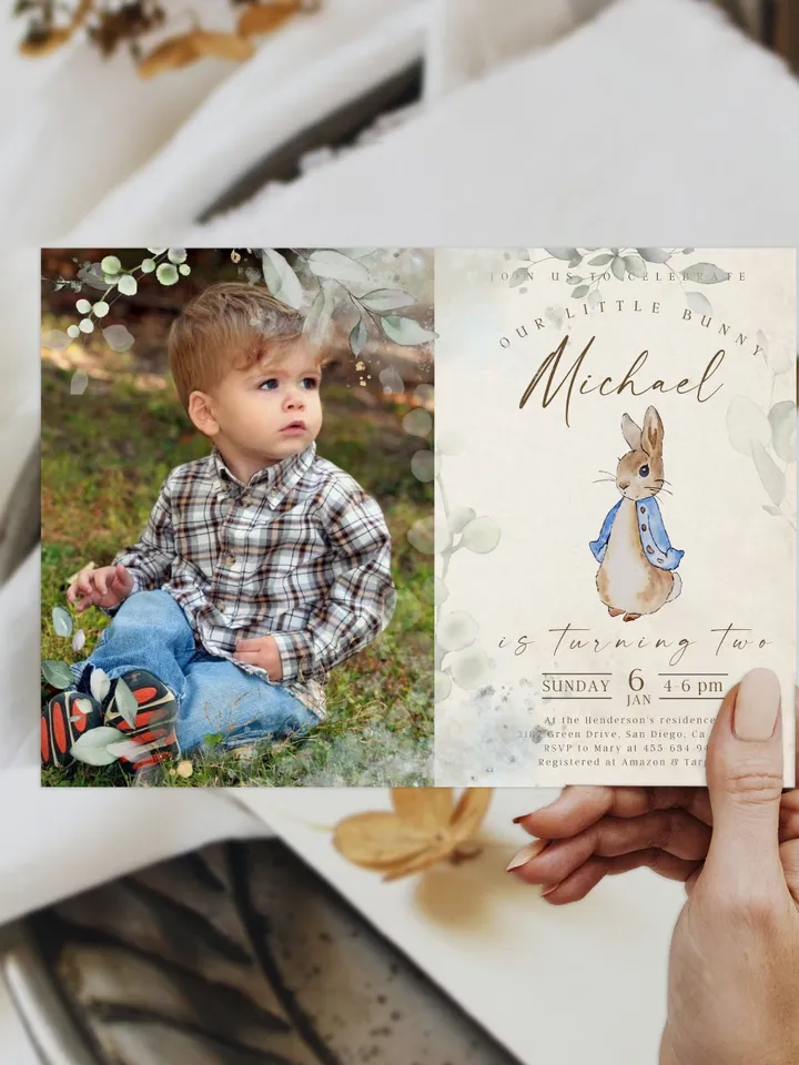 Add Photo First Birthday Invite; Bunny Baby Birthday Invitation template; Our little bunny turning one; Peter Rabbit birthday invitation