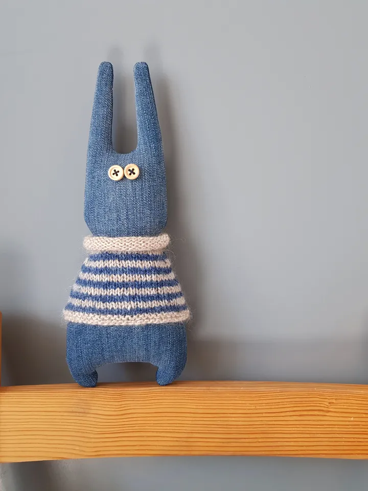 Rabbit sewing and knitted patterns PDF digital tutorial, denim Rabbit in striped sweater